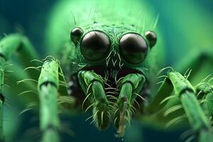 Microscopy of spider electron, Green spider close-up. 3D illustration. Green background. photo