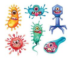 Collection of bacteria, viruses and germs cartoon character with funny faces. Microscopic cell illness, bacterium and microorganism. Illustration vector