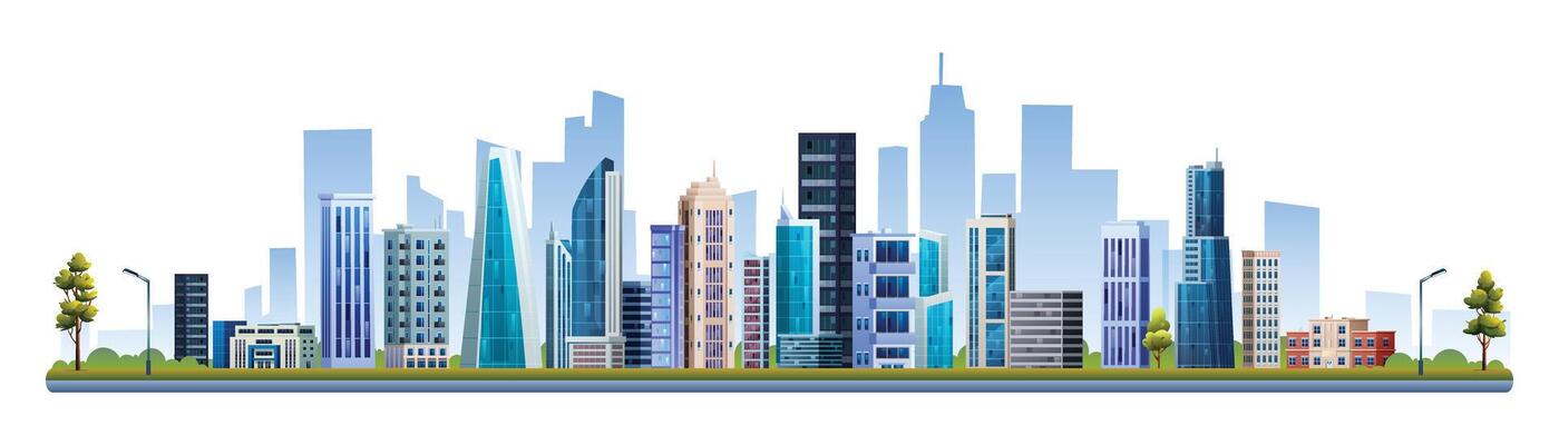 Urban city buildings with trees illustration. Cityscape panoramic isolated on white background