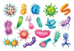 Set of viruses, bacteria and germs. Microscopic cell illness, bacterium and microorganism. Illustration vector