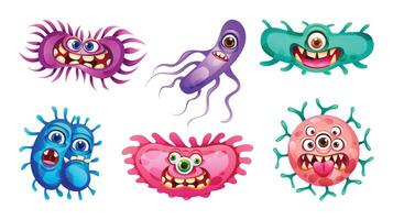 Set of bacteria, viruses and germs cartoon character with funny faces. Microscopic cell illness, bacterium and microorganism. Illustration vector