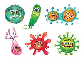 conjunto de virus, bacterias y gérmenes dibujos animados personaje con gracioso caras. microscópico célula enfermedad, bacteria y microorganismo. ilustración vector