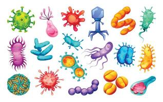 Set of bacteria, viruses and germs. Microscopic cell illness, bacterium and microorganism. Illustration vector