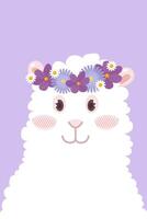 White cartoon alpaca face with flowers on her head. Flat style vector