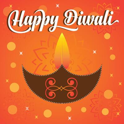 happy diwali festival wishes square banner with diya lamp and light bokeh background