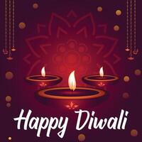 happy diwali festival wishes square banner with diya lamp and light bokeh background vector