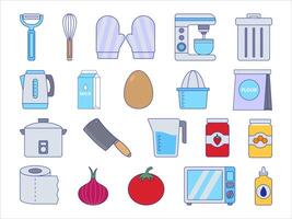 Cooking Elements Illustration Collection. A collection of colorful illustrations depicting various cooking elements such as ingredients and cutlery. vector