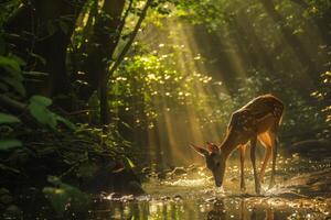 manchado ciervo Bebiendo a iluminado por el sol bosque arroyo. foto