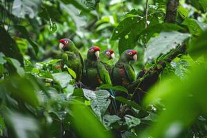 Green Parrots Perching Amidst Lush Leaves in Rainforest. photo