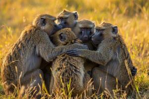 Baboons Embracing in a Warm Group Hug. photo