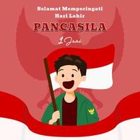 Illustration of Boy Bring Indonesian Flag Celebrating Pancasila Day on 1st June vector