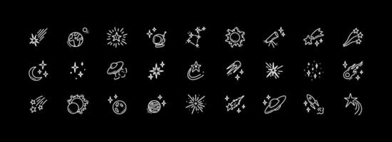 Doodle outer space cosmic icons set. Planets, constellation, spacecraft, rocket hand drawn linear illustration. Falling stars and comets. Alien ship. Astronomy science and astrology concept. vector