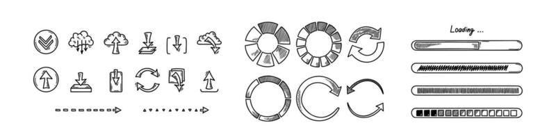 Doodle loading bar, circles, icons. Hand drawn set of graphic, application, ui design elements. Sketch progress status, upload speed, battery charge. vector