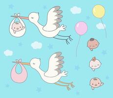 Stork and baby illustration, with other kid shapes vector