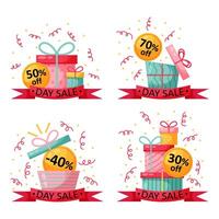 Set of stickers with discounts. Illustration with gift boxes in flat style. Discounts, sales, mega discounts. vector