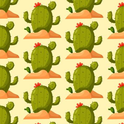 Pattern with cartoon cactus. Blooming cactus. Desert plant. Pattern for textile, wrapping paper, background.
