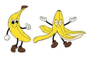 Groovy banana. Set funny cartoon trendy retro style fruit character. Ripe banana and banana peel in flat style. Doodle comic illustration dancing banana. vector