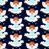 Red angel on a cloud. Cute angel in flat style. Patern with a cute angel on a cloud and stars. Pattern for textile, wrapping paper, background. vector