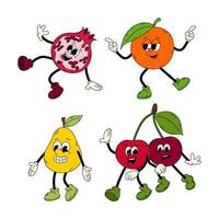 Set of groovy fruits. Cartoon fruits in flat style. Doodle comic illustration. Hand draw cute retro vintage trendy style fruits cartoon character. vector