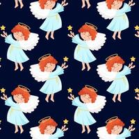 Cute angel in flat style. Patern with a cute angel and a star in his hands. Pattern for textile, wrapping paper, background. vector