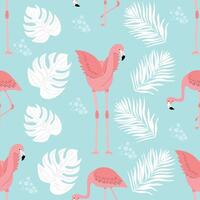 Pink flamingo seamless pattern on a blue background vector