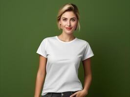 a young girl wear white t shirt mockup on olive green clean background photo