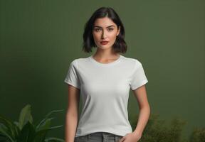 a young girl wear white t shirt mockup on olive green clean background photo