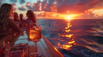 Party on ship, sunset, huy and girls open dance with wine glass on table, cinematic light, realistic photo