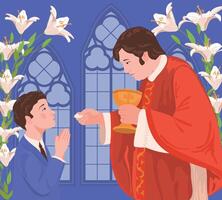 A boy in a blue suit during the first communion. The priest is holding bread. A ceremony in the Christian tradition, a member of the church receives the Eucharist. vector