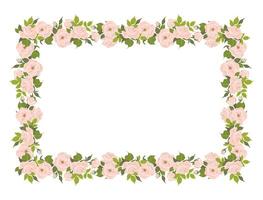 Romantic floral horizontal frame, elegant pastel pink flowers, buds and green leaves. A wreath of summer flowers for a wedding invitation in Provence style. flat illustration. vector