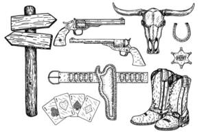 salvaje Oeste y Texas Clásico íconos colocar. mano dibujado bosquejo ilustración. alguacil estrella, vaquero sombrero, pistola, jugando tarjetas vector