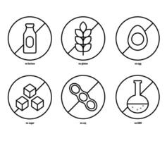 Allergen free icons set. Common allergens gluten, lactose, eggs, soy , sugar free and GMO free labels vector