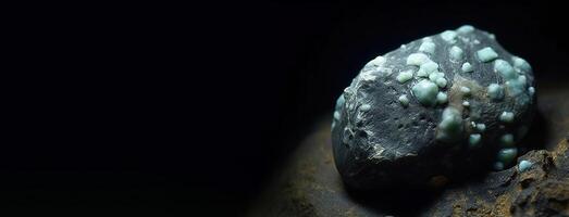 Strashimirite is rare precious natural stone on black background. . Header banner mockup with space. photo