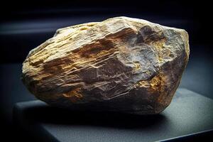 Carnotit fossil mineral stone. Geological crystalline fossil. Dark background close-up. photo