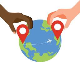 Two hands putting pin icons on a world map and an airplane flying on a route. Travel route planning. vector