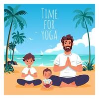 Family doing yoga in Lotus pose on sea beach vector