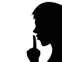 Man from side view with hand finger in front of mouth. Ssshhh please be quiet shadow silhouette illustration isolated on white background. Simple flat whisper poster drawing for prints. vector