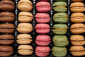 Multi-colored macarons in a plastic box, top view. photo