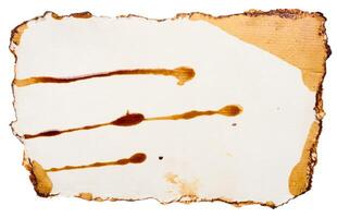 White torn piece of paper drenched in coffee on an isolated background photo