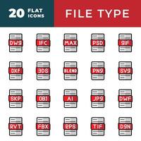 File type flat icon set. files and documents black fill design icons. vector