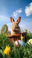 A cute little bunny sitting in basket nest with colorful eggs. Easter egg concept, Spring holiday photo