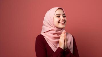 European woman wearing scarf is praying and smiling on red background photo