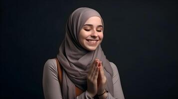 European woman wearing scarf is praying and smiling on black background photo