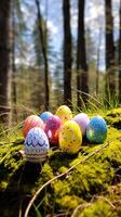 Colorful eggs in the forest. Easter egg concept, Spring holiday photo