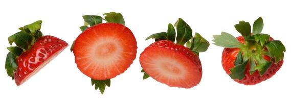 Various pieces of ripe red strawberries on isolated background photo