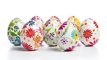 Colorful eggs with copyspace on white background. Easter egg concept, Spring holiday photo