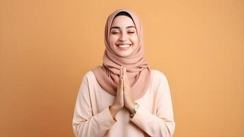 European woman wearing scarf is praying and smiling on orange background photo