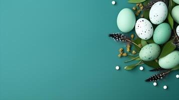 A basket of colorful eggs with copyspace on green background. Easter egg concept, Spring holiday photo