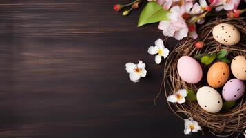 A basket of colorful eggs and flowers with copyspace on wooden floor. Easter egg concept, Spring holiday photo