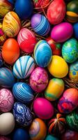 A basket of colorful eggs with copyspace on wooden floor. Easter egg concept, Spring holiday photo